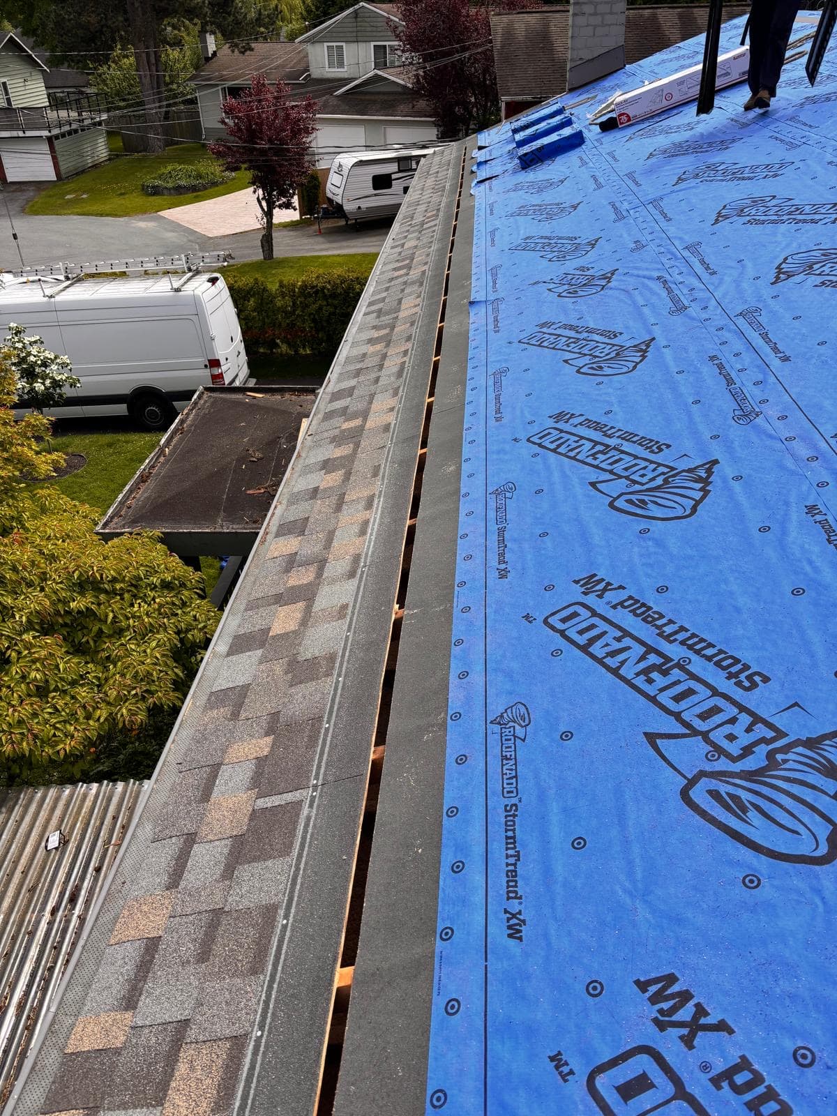 Underlayment installed, shingles ready