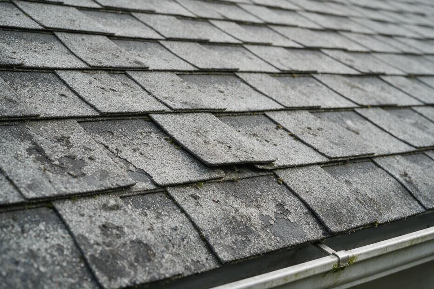 Weathered grey asphalt shingles with granule loss and moss traces above a gutter