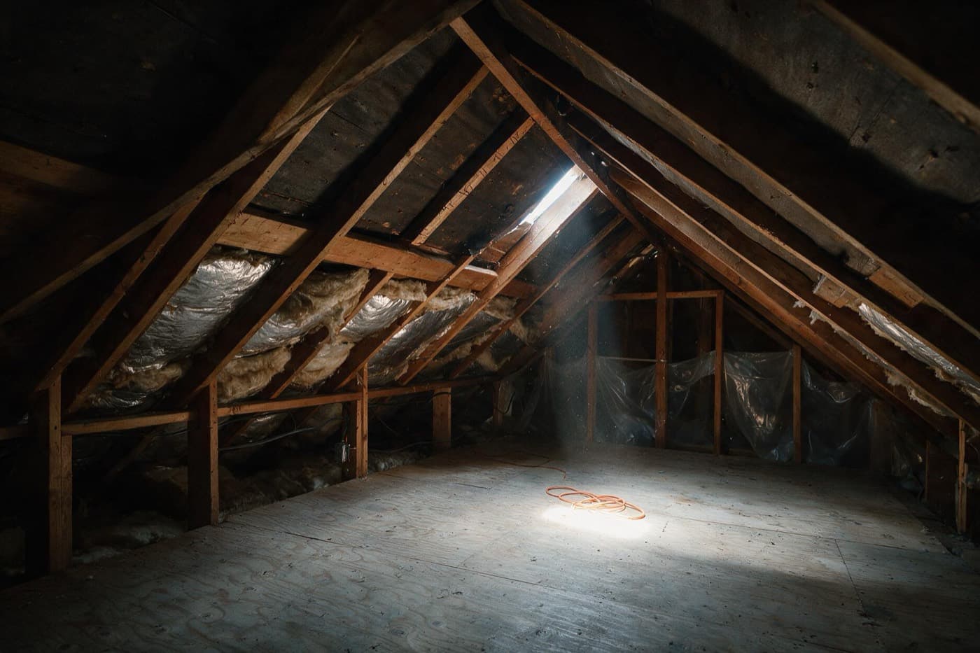 Daylight showing through a gap in the roof sheathing of a dark attic