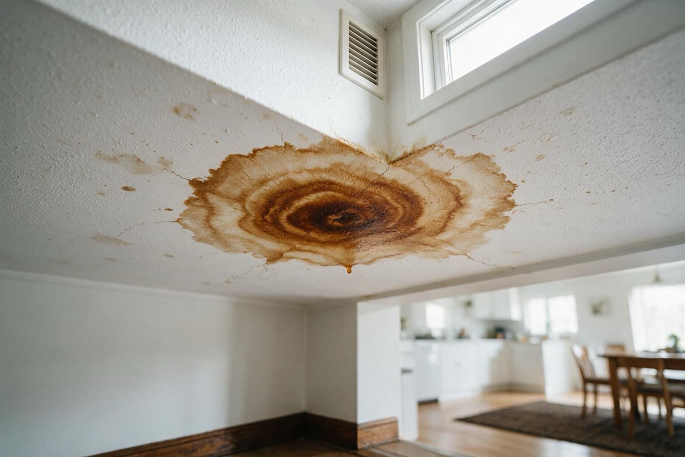 Brown concentric water stain spreading across a residential ceiling