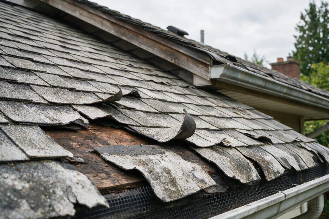 Curling and missing asphalt shingles exposing the wood deck beneath