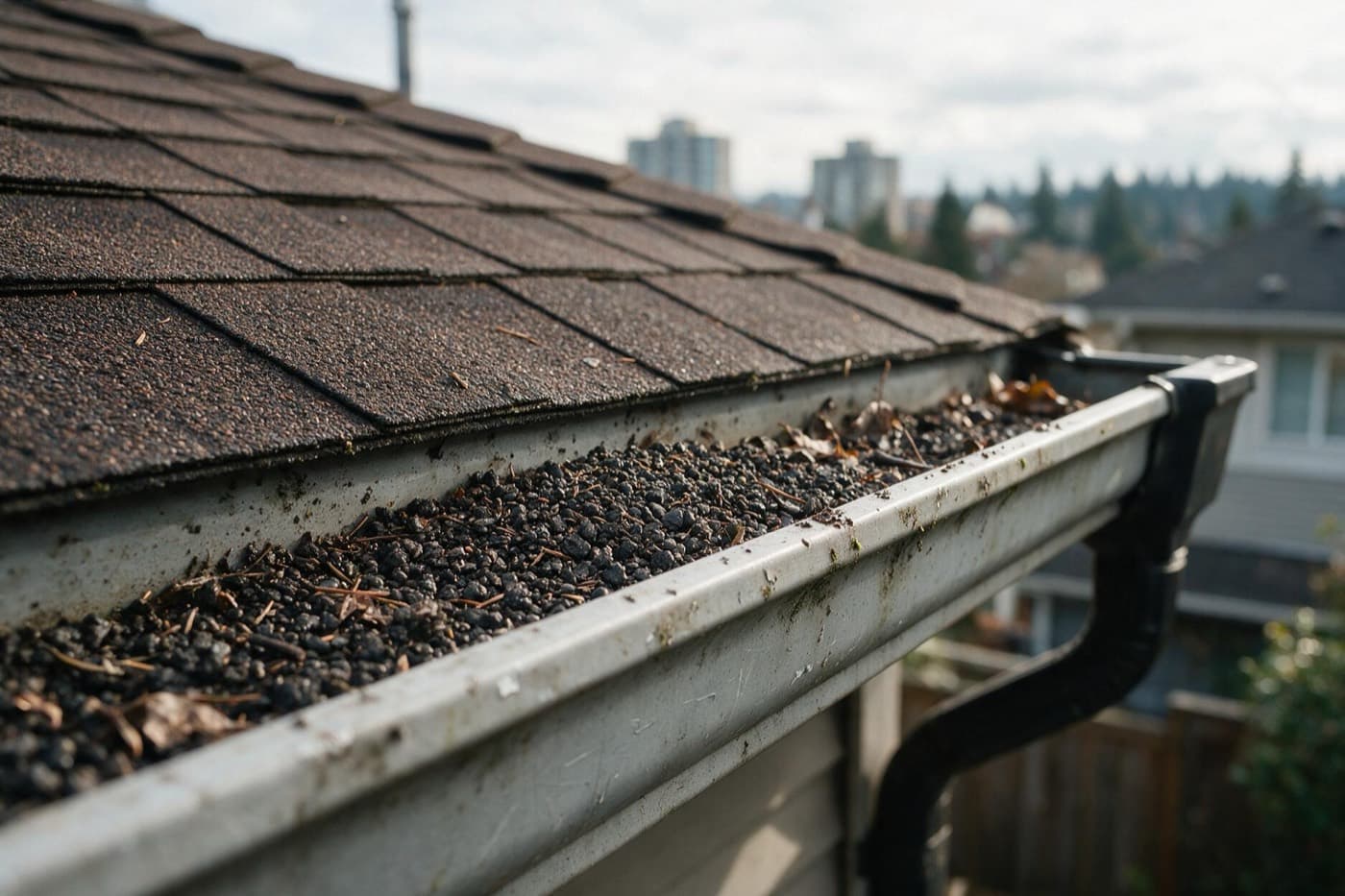 Roof gutter filled with dark asphalt granules washed off the shingles