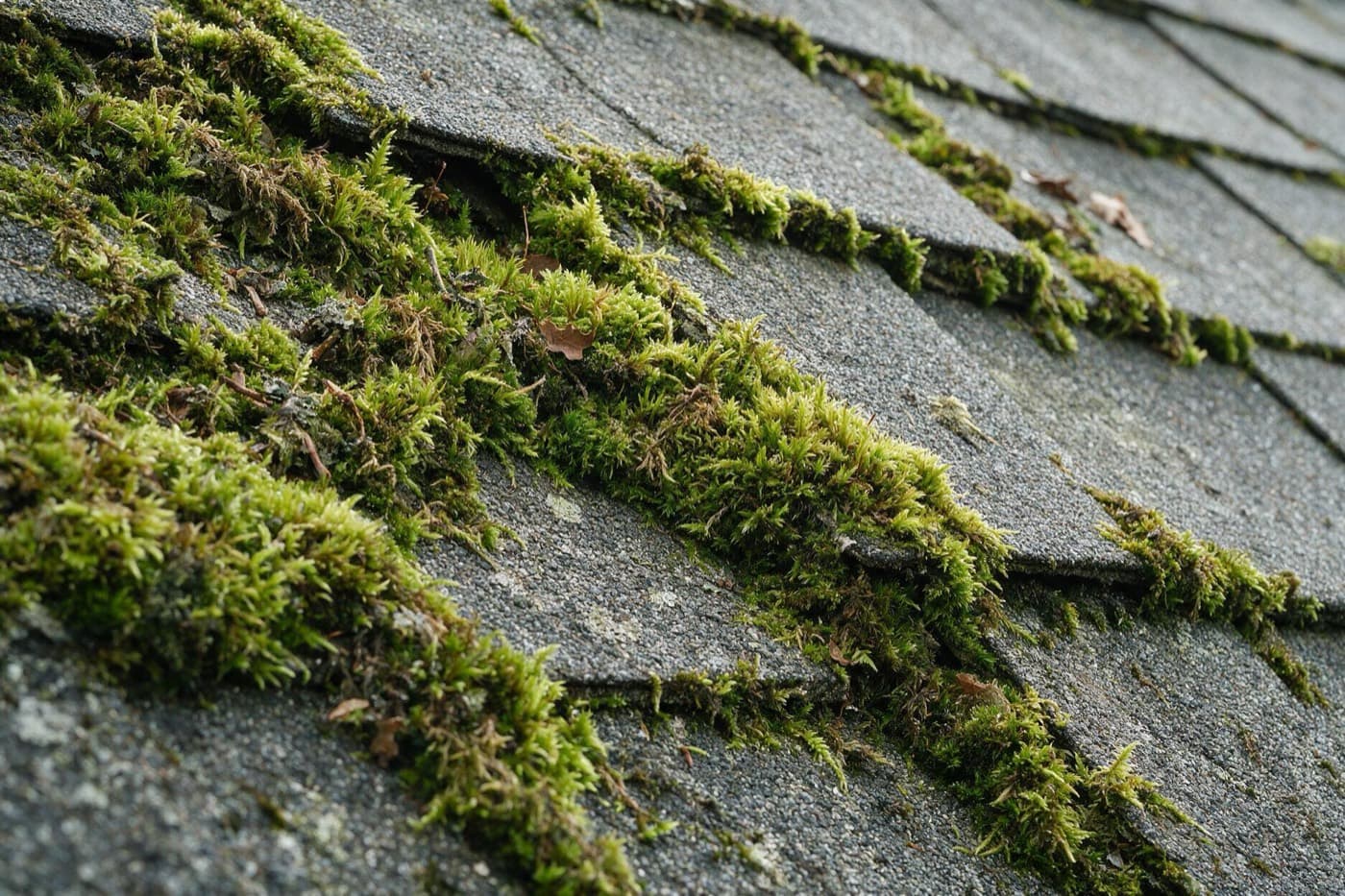 Thick green moss growing along the edges of asphalt shingles on a shaded roof slope