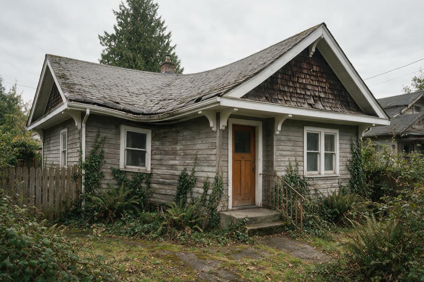 Older home with a visible dip along the roof line where the structure has deflected