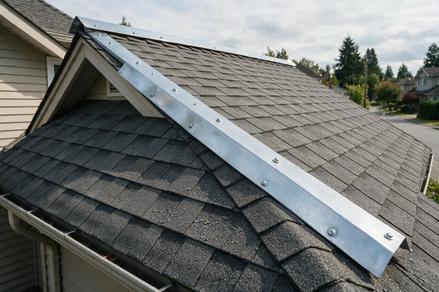 Metal zinc strip fastened along the ridge of a clean asphalt shingle roof